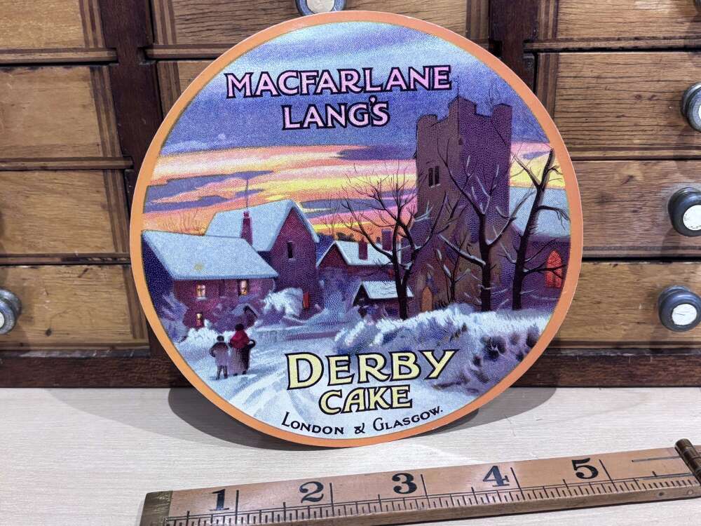 Macfarlane Lang Derby Cake Advertising Biscuit Tin Label Ephemera c1920s