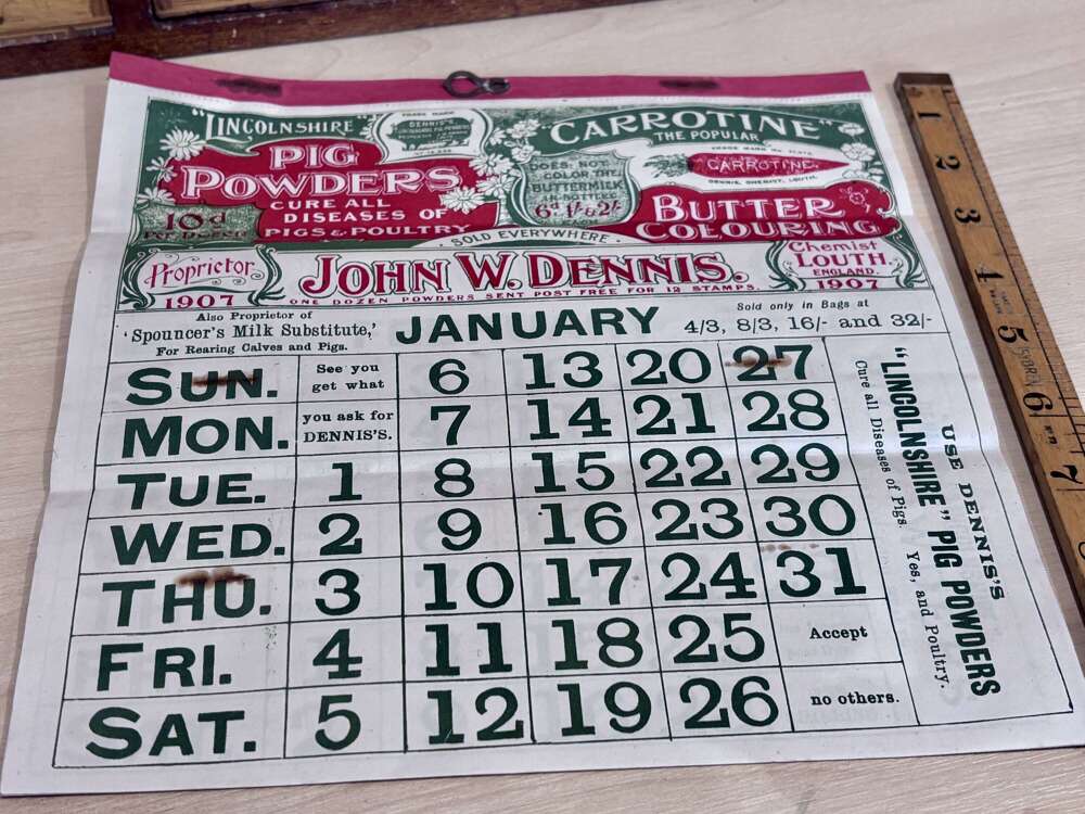 J.Dennis Pig Powders Farm Advertising Trade Calendar c1907