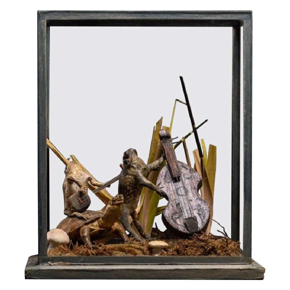 A Cased Taxidermy Display Of Toad And Frog Orchestra Playing Stringed Instrument