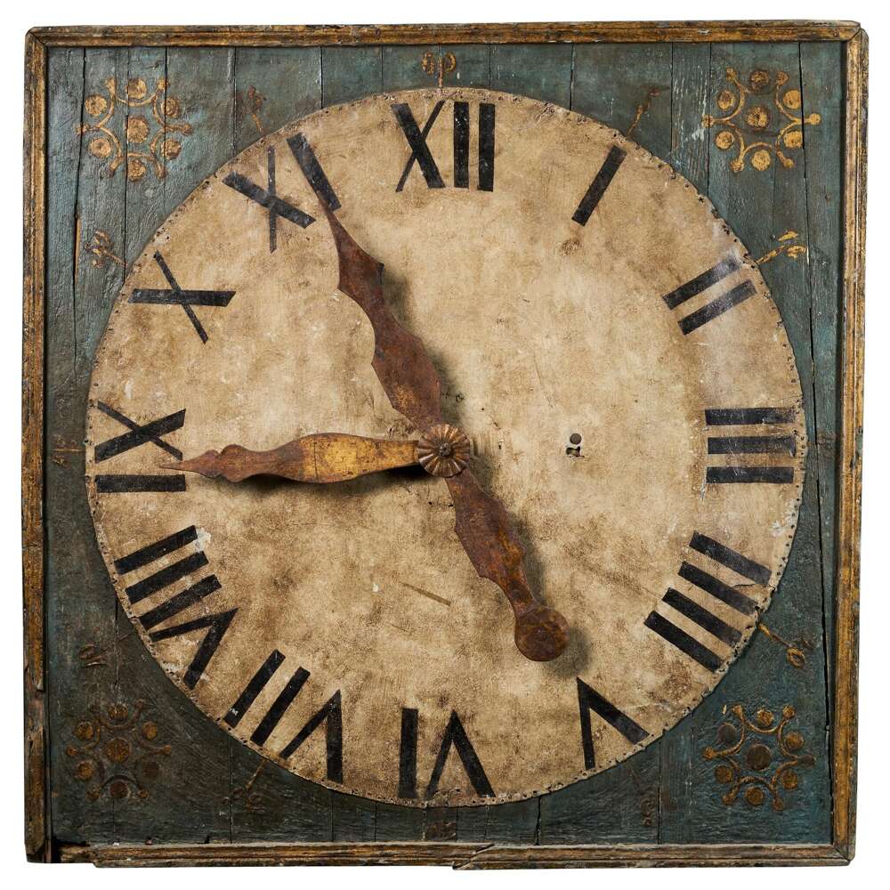 Monumental Clock On A Polychromed Panel With Hands In Golden Metal