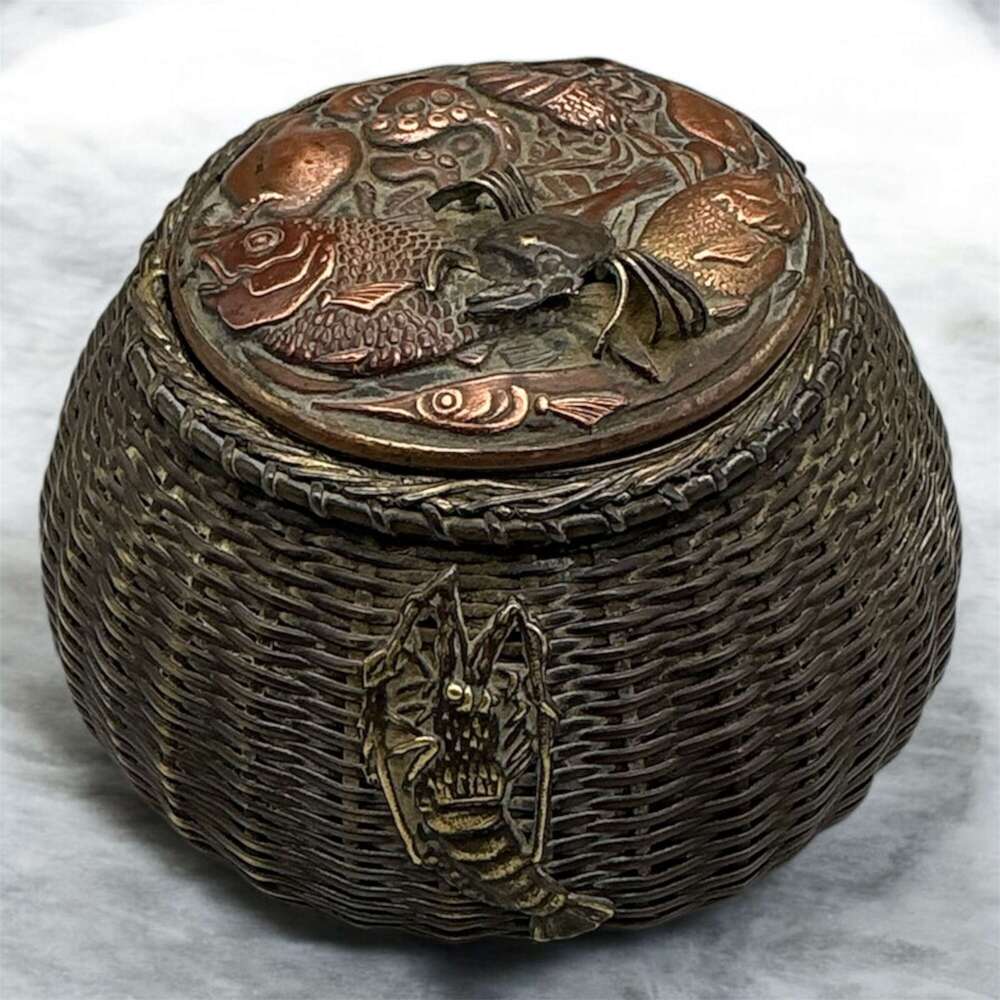 Fine Antique Japanese Meiji Period Bronze Fishing Creel Inkwell