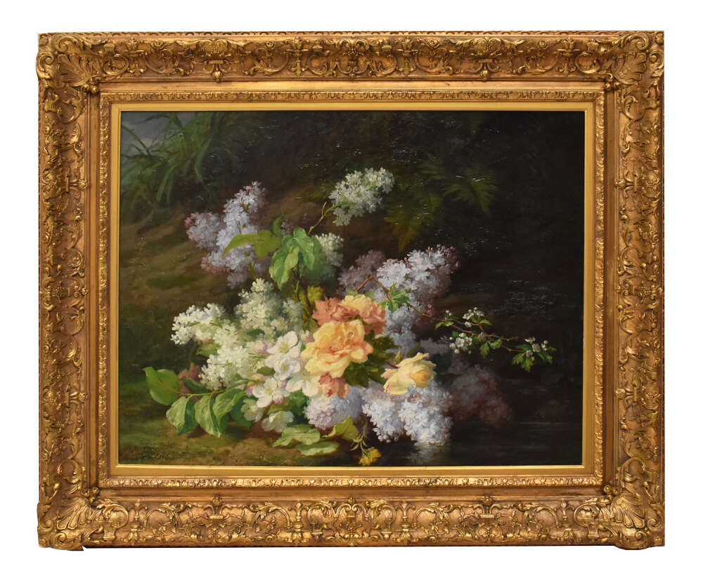 Antique Still Life Painting, Flowers, Spring Floral, Roses And Lilac, Oil On Canvas, Xix