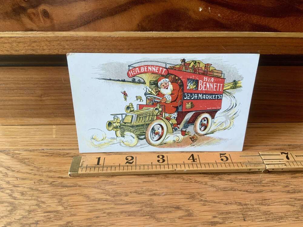 H & A Bennet & Sons Santa in Delivery Truck Christmas Advertising Trade Card c1900s