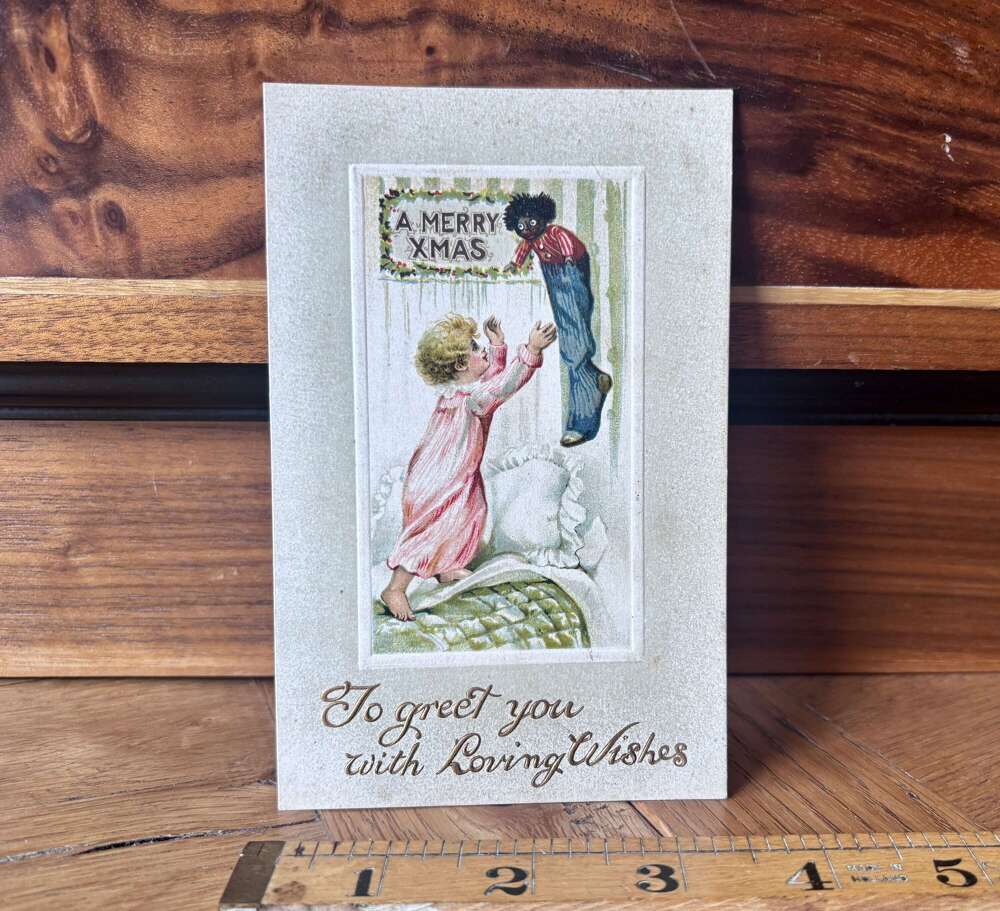Golly Hanging in A Christmas Stocking Greeting Card c1930s