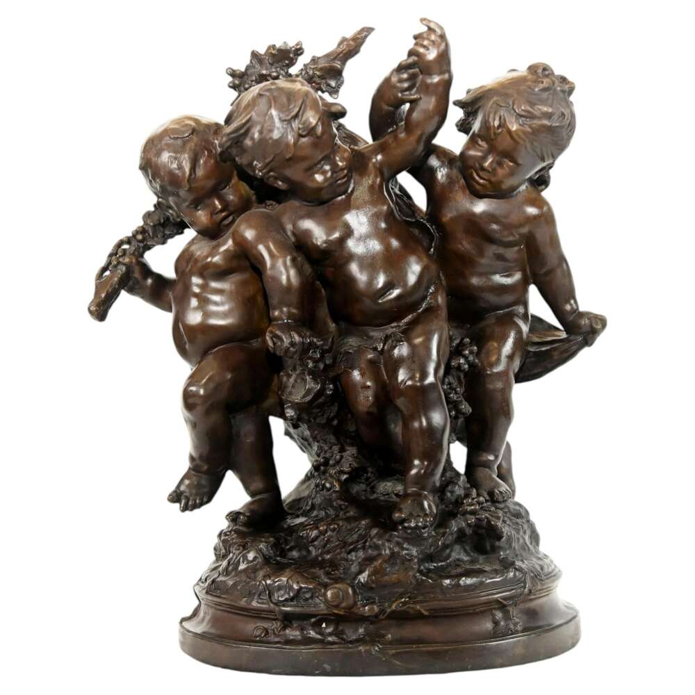 French Bronze Cherub Casting H. Moreau Grape Harvest Statue