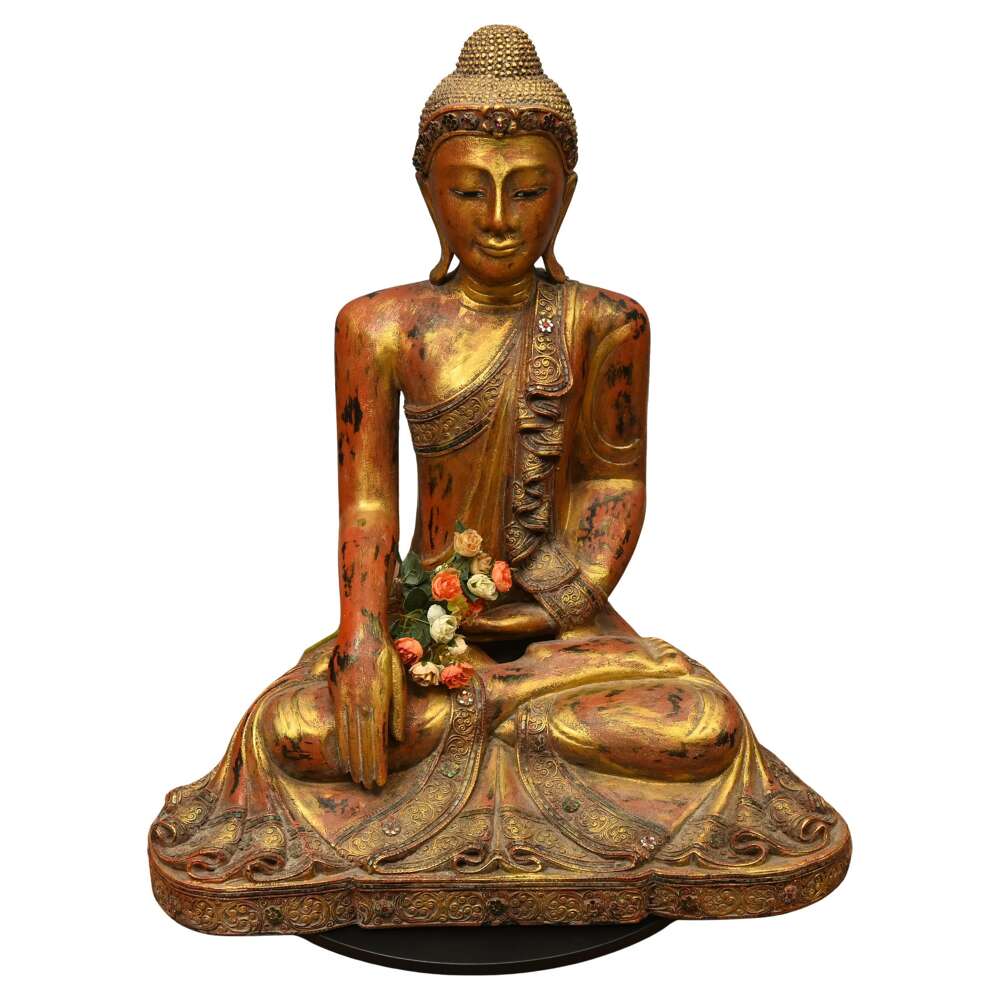 Carved Burmese Buddha Statue Lotus Pose Mudra Buddhism