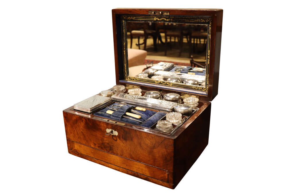 Victorian Burr Walnut Dressing & Jewellery Box with Fitted Interior and Mirror