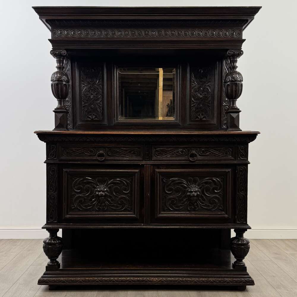 Antique 19th Century Carved Oak Mirror Back Sideboard