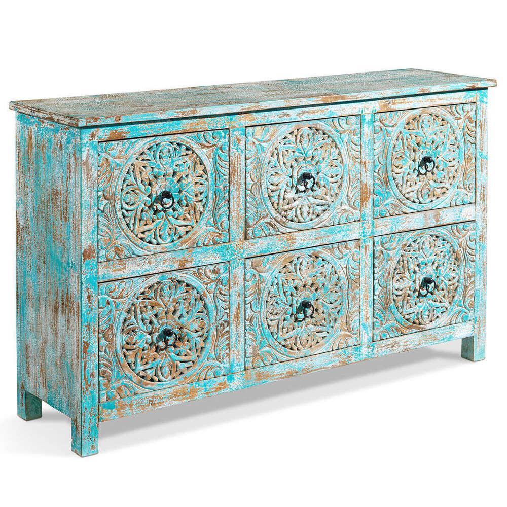 Carved Distressed Blue Six Drawer Chest