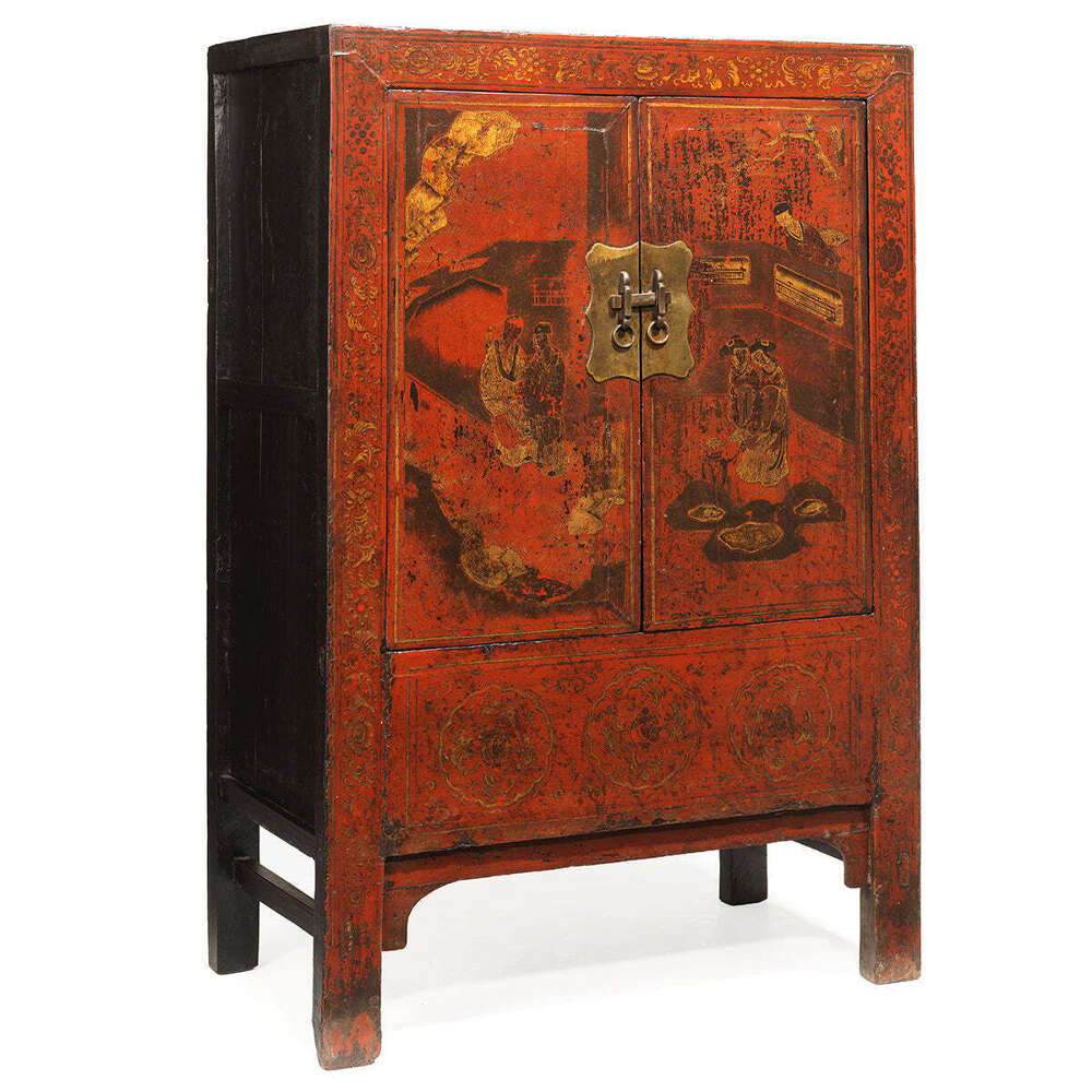 Mid Size Red And Gold Painted Cabinet