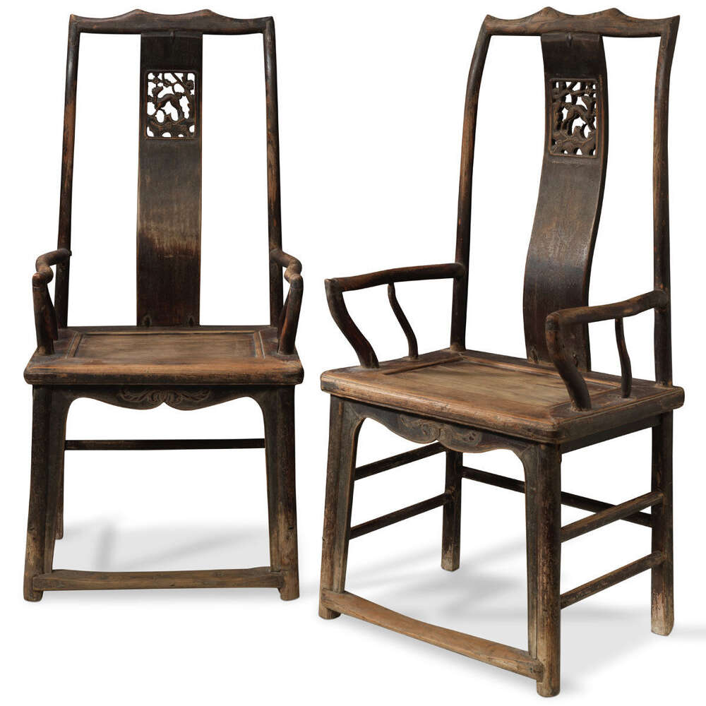 Pair Of Tall Elm Antique Armchairs