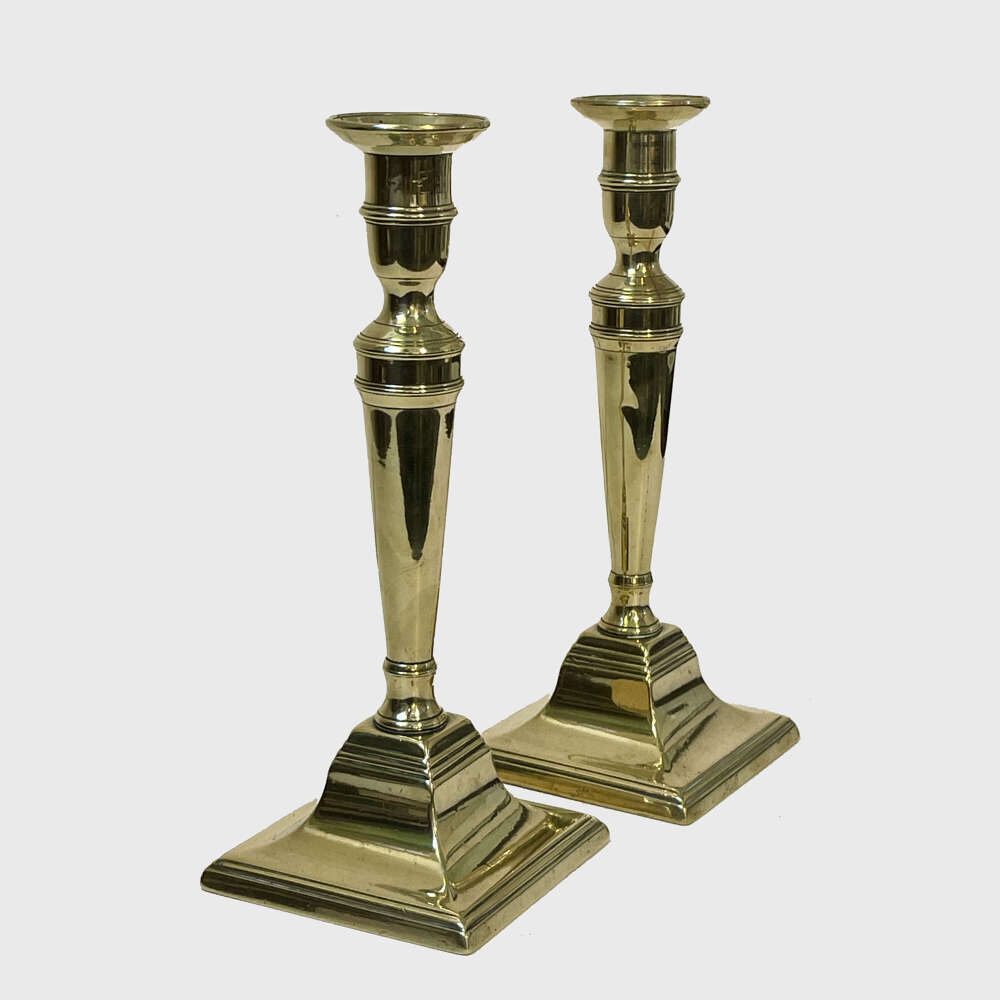 Pair Georgian neoclassical brass candlesticks by J. Miller