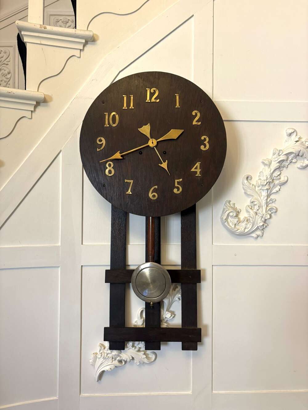  Antique Arts And Crafts Oak Wall Clock Eight Day Striking Movement Brass Numerals