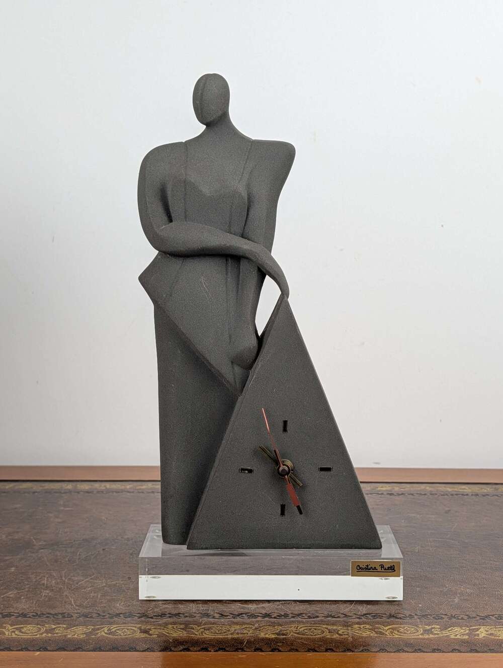 Cristina Puell modernist terracotta sculpture mantel clock, Spain, c.1980
