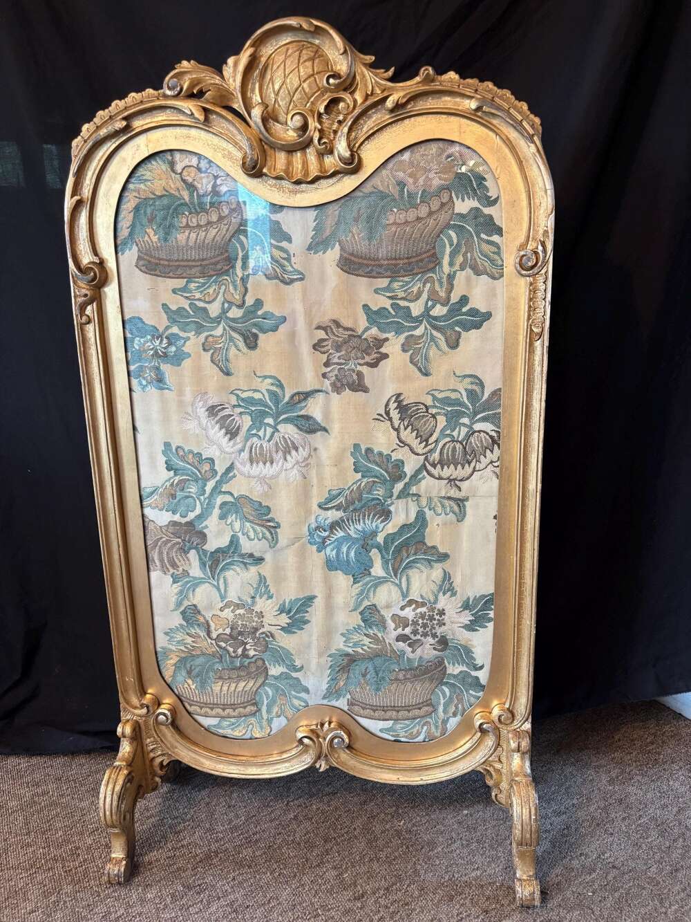 Antique French Georgian Period Tapestry Large Gilt Gesso Rocco Fire Screen Stand