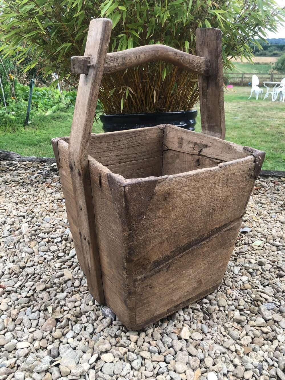 Antique Chinese Wooden Rice Basket Box With Handle