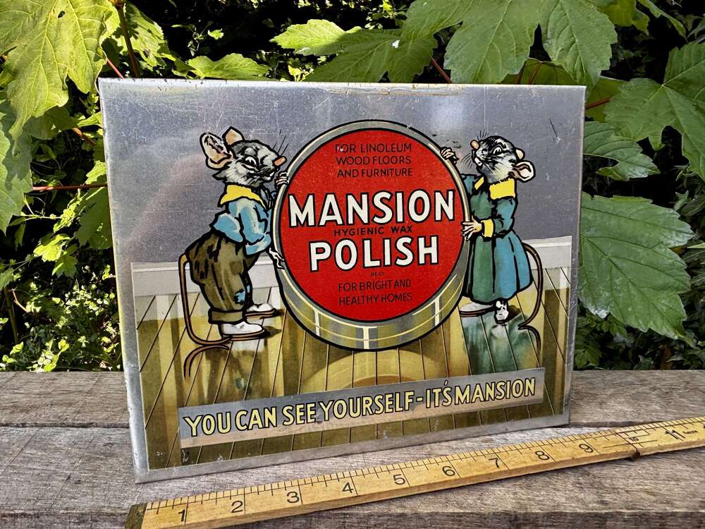 Mansion Polish Harry Rountree Mouse Image Advertising Tin Sign c1930s