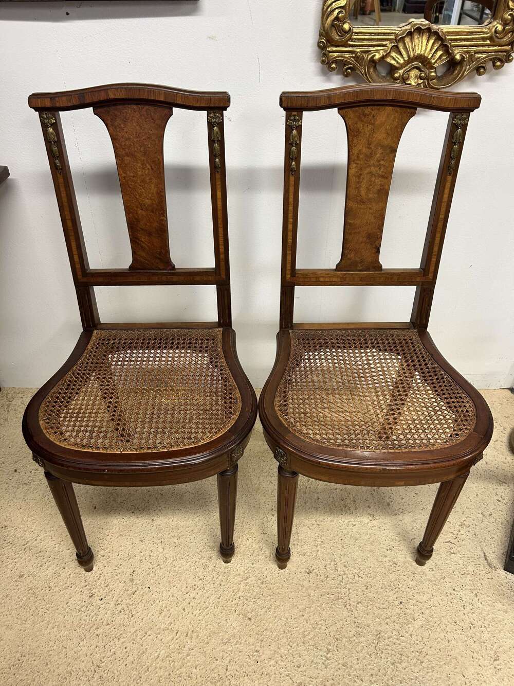 French Antique Rattan Seat Chairs - Pair