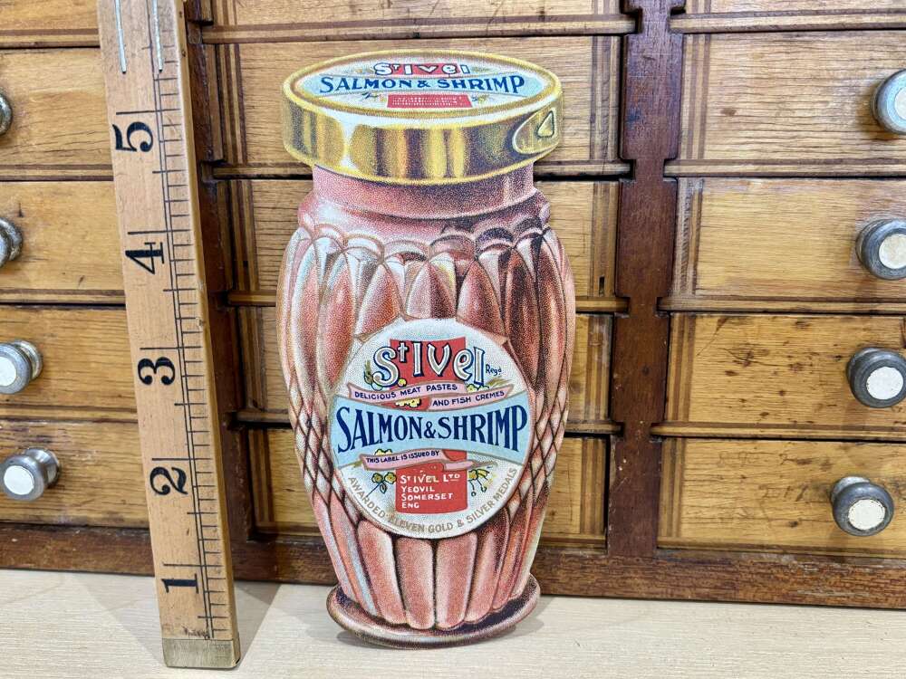 St Ivels Somerset Salmon & Shrimp Jar Die-Cut Advertising Trade Card c1900s