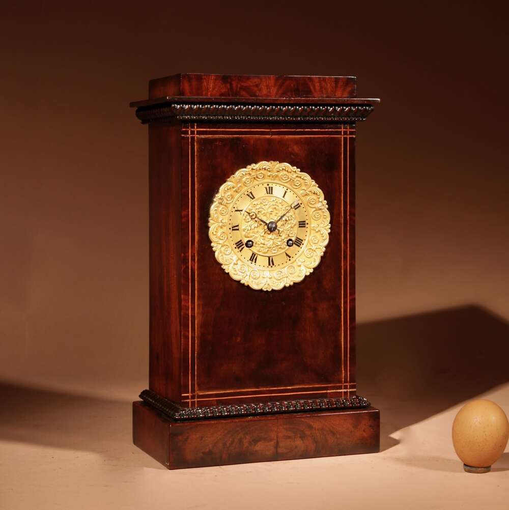 Stylish Louise- Philippe Mahogany French Inlaid And Carved Antique Mantel Clock, 1830-1870
