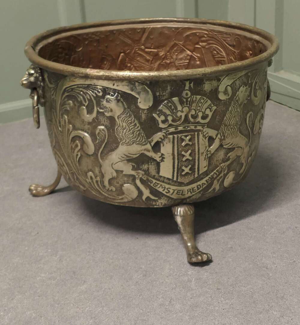 19th Century Dutch Embossed Brass Crested Log Bin