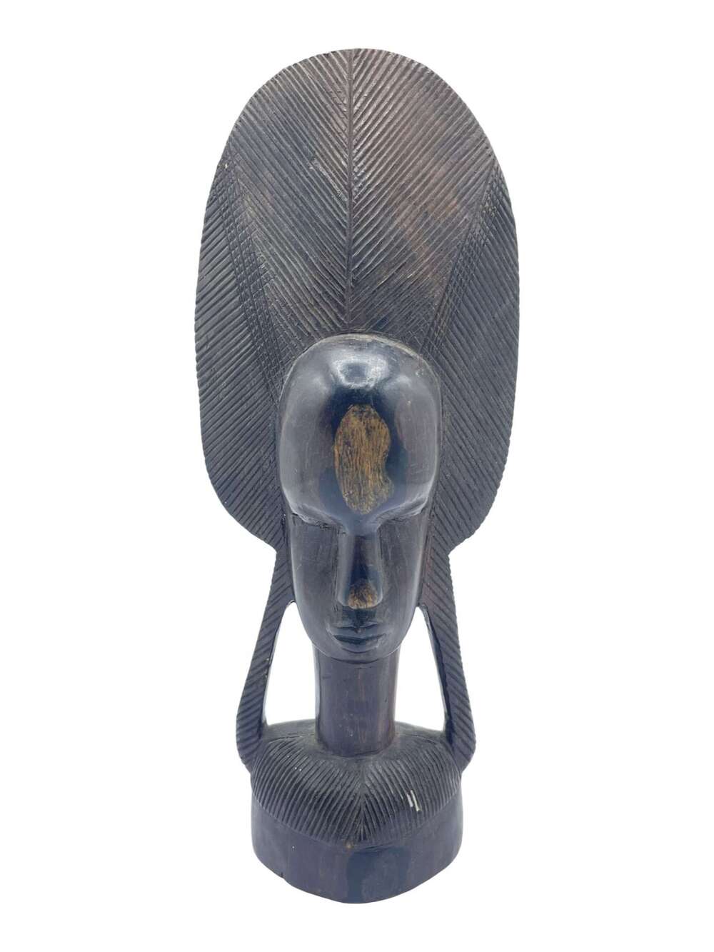 Vintage African Carved Hard Wood Bust Sculpture Of A Lady With High Headdress