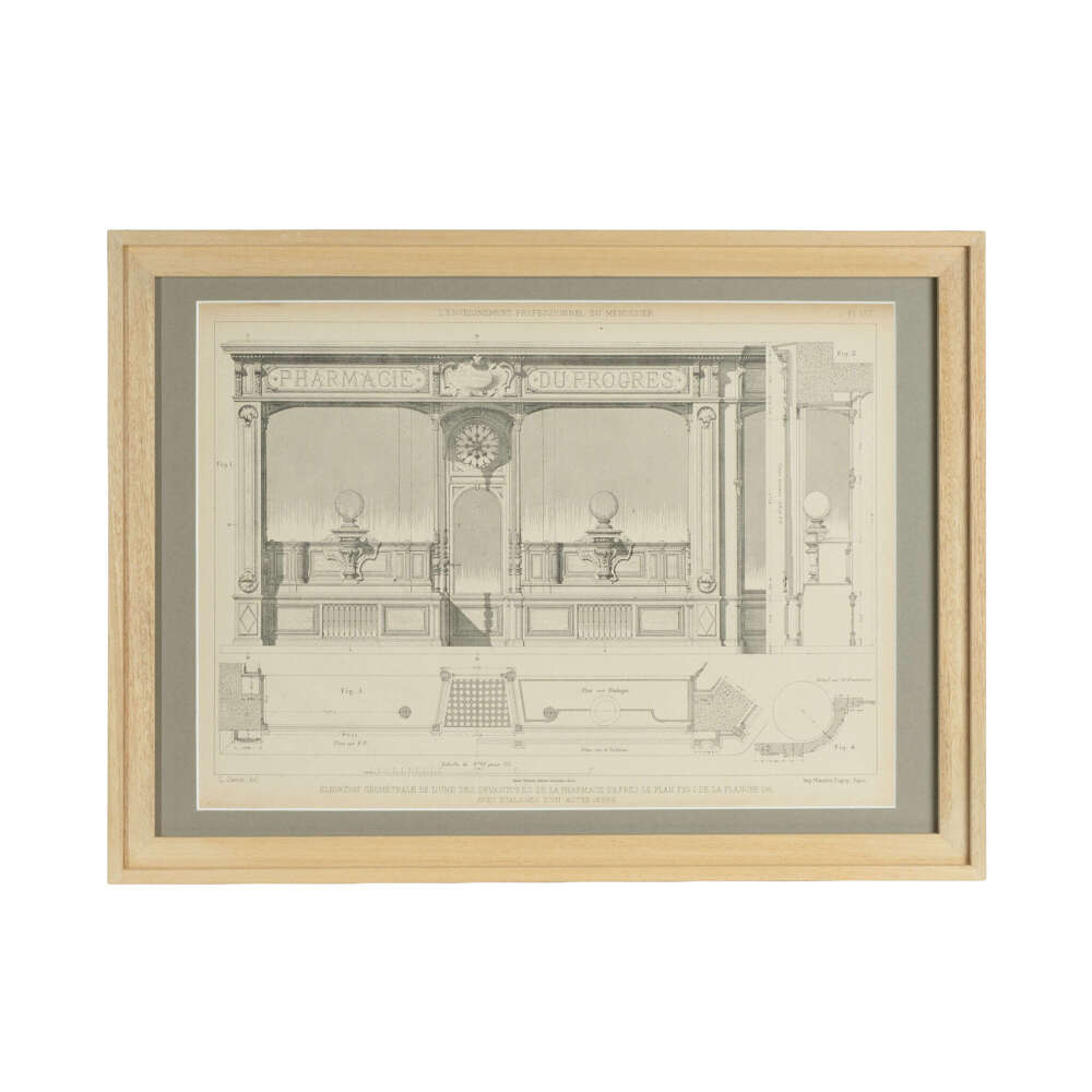 Framed French Architectural Lithograph: Pharmacie Drawing