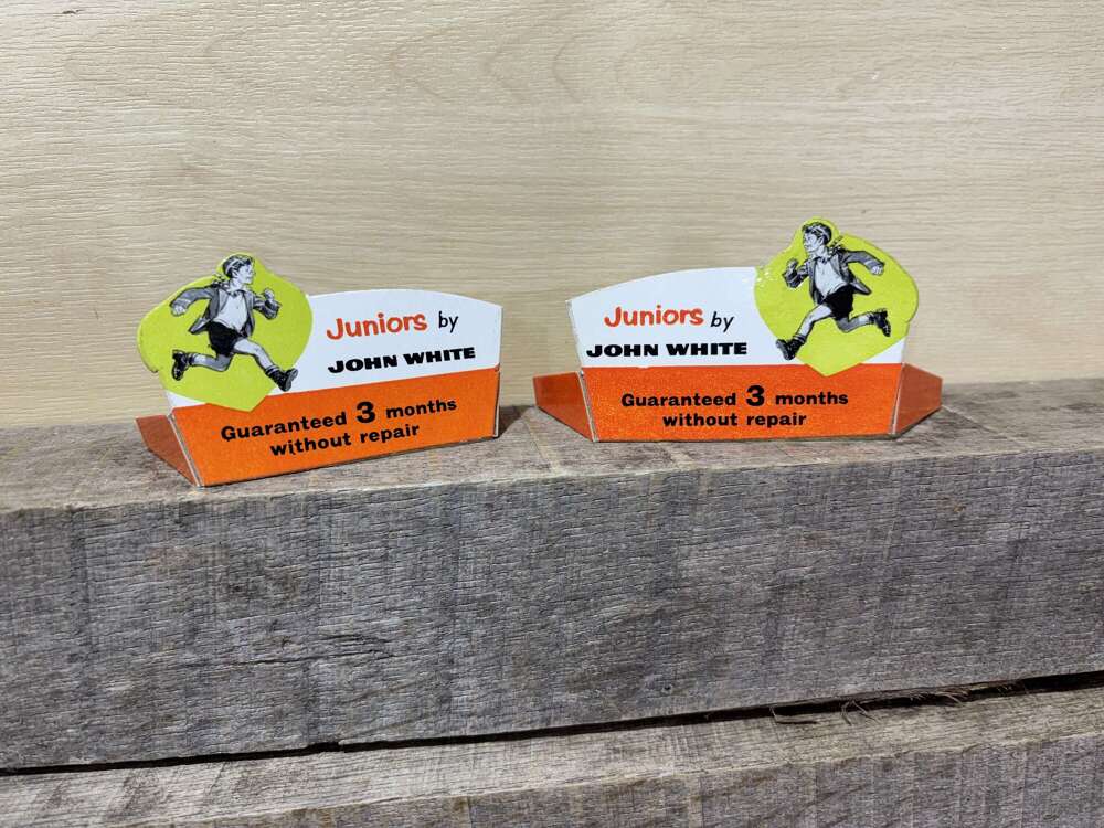 John White&rsquo;s Juniors Pair of Shoe Advertising price Card Signs Ephemera c1950s