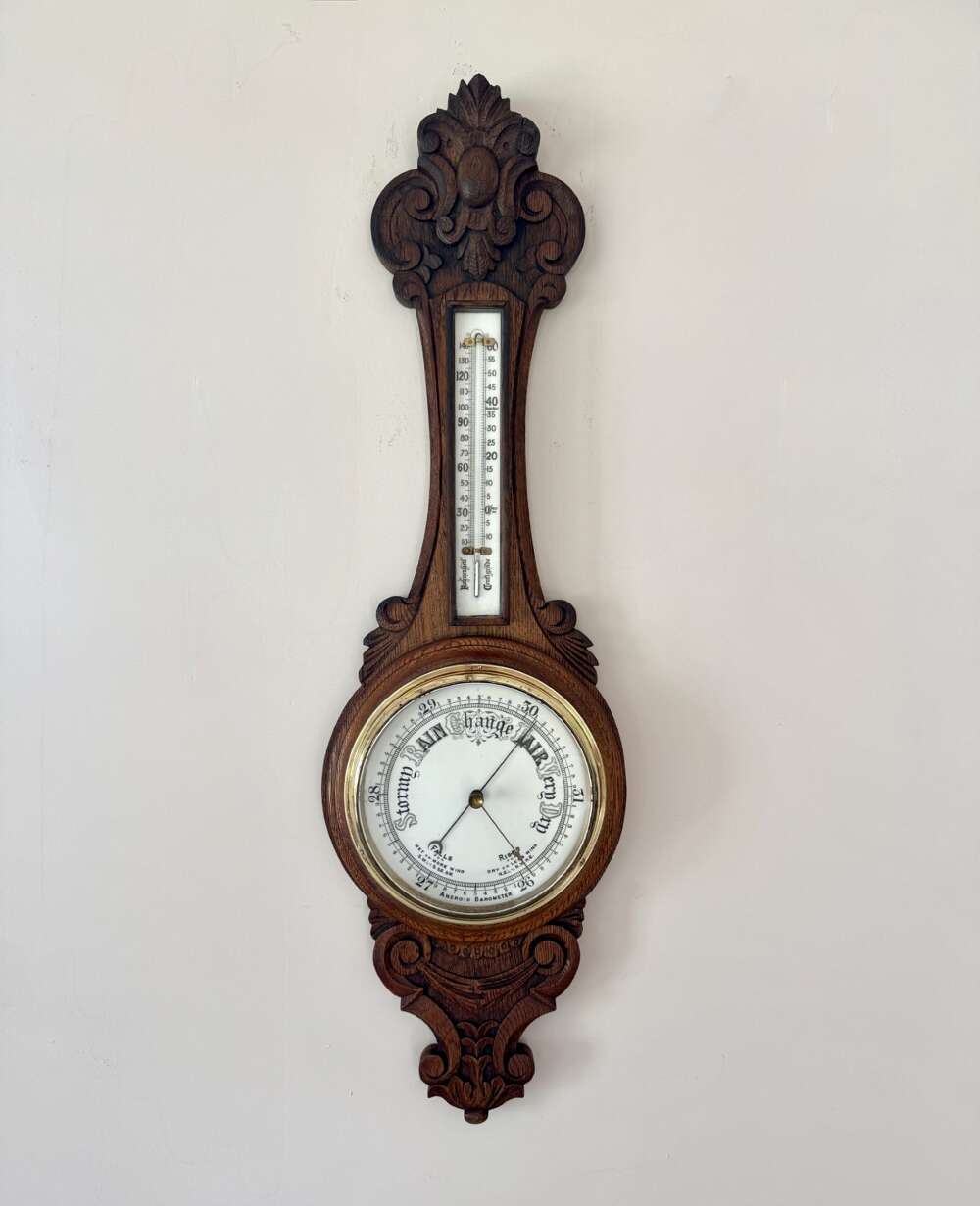 Quality Antique Edwardian Carved Oak Aneroid Barometer 