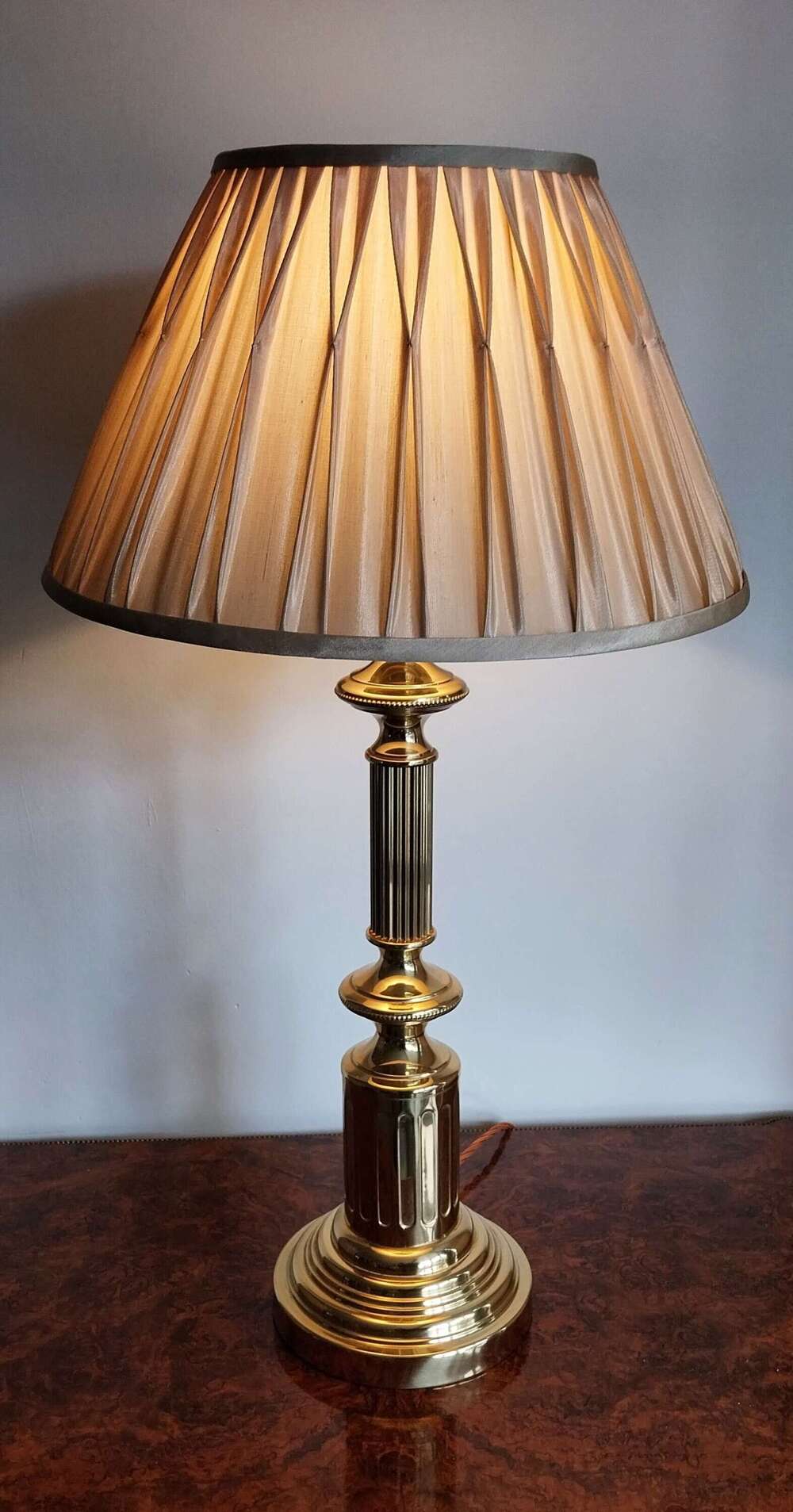 Large Polished Brass Table Lamp with Gold Pleated Shade
