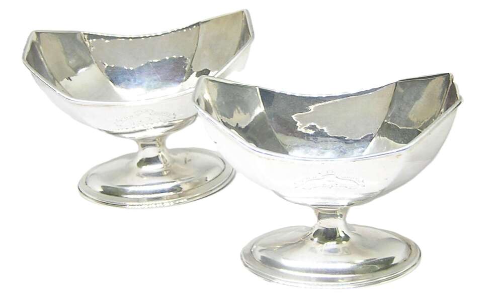 Pair of Georgian silver WhaleTail Salts with Crests by Moses Brent of London