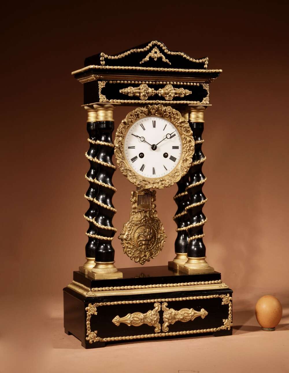 Impressive Original Ebonised And Gilded French Portico Antique Clock