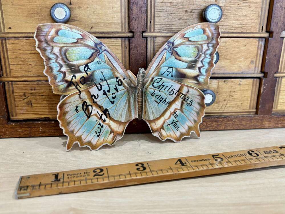 Victorian Die Cut Butterfly Christmas Card Ephemera c1900s