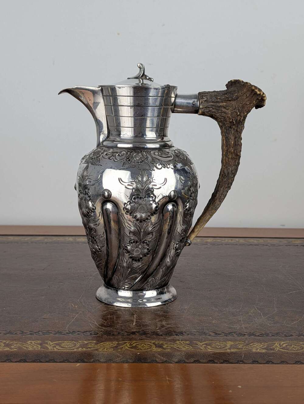 Sheffield silver-plated coffee pot with roe buck antler handle by Cooper Brothers, c. 1900