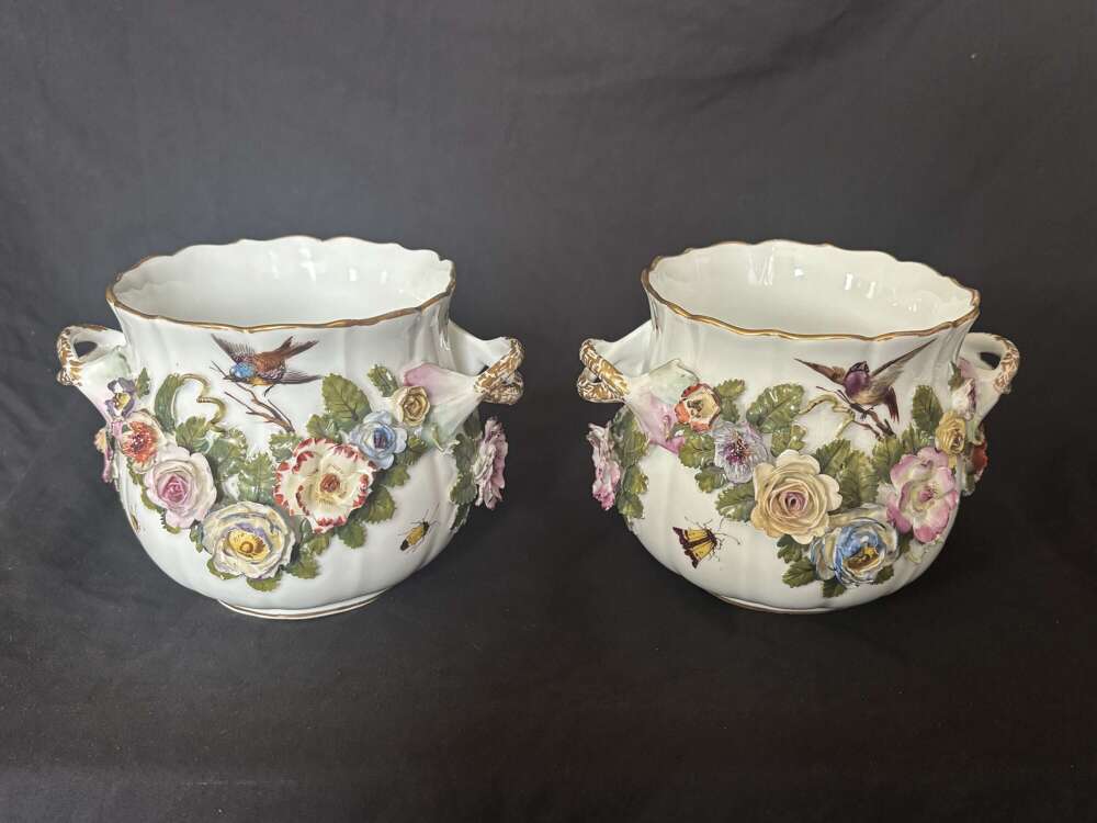 A Pair of Antique Meissen floral encrusted Handle Vases C1910 Stunning detail