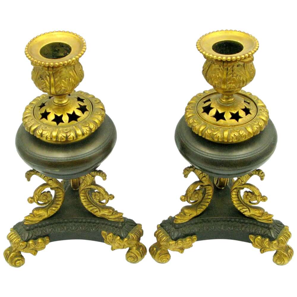 Pr Georgian bronze ormolu perfume burner censer candlesticks c1830
