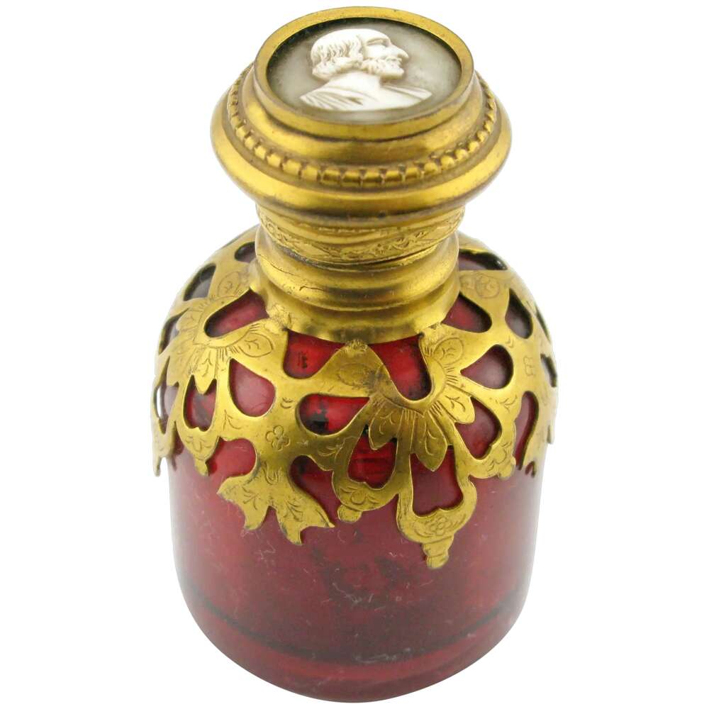 19th-century ruby glass shell cameo top scent bottle