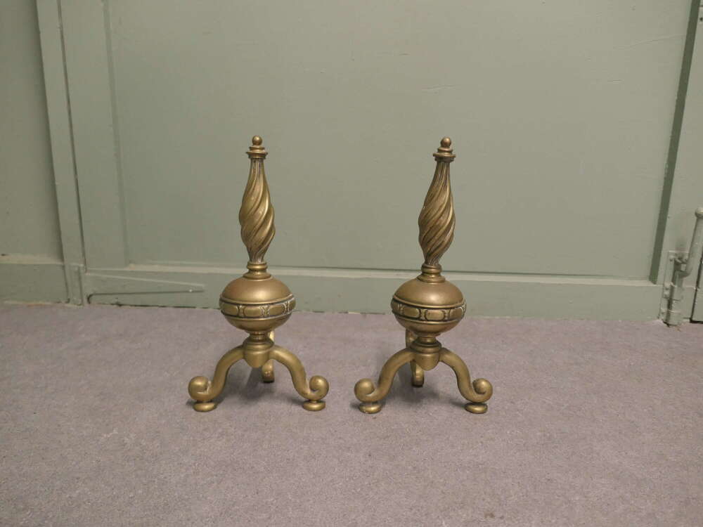 Pair of French Brass Andirons, Fire Dogs or Chenets  This is a beautifully shaped pair