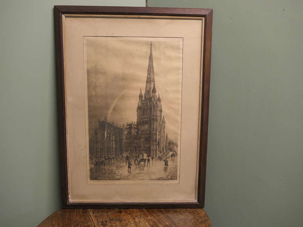 Engraving by artist Charles Bird of St. Mary Redcliffe Church in Bristol, England.
