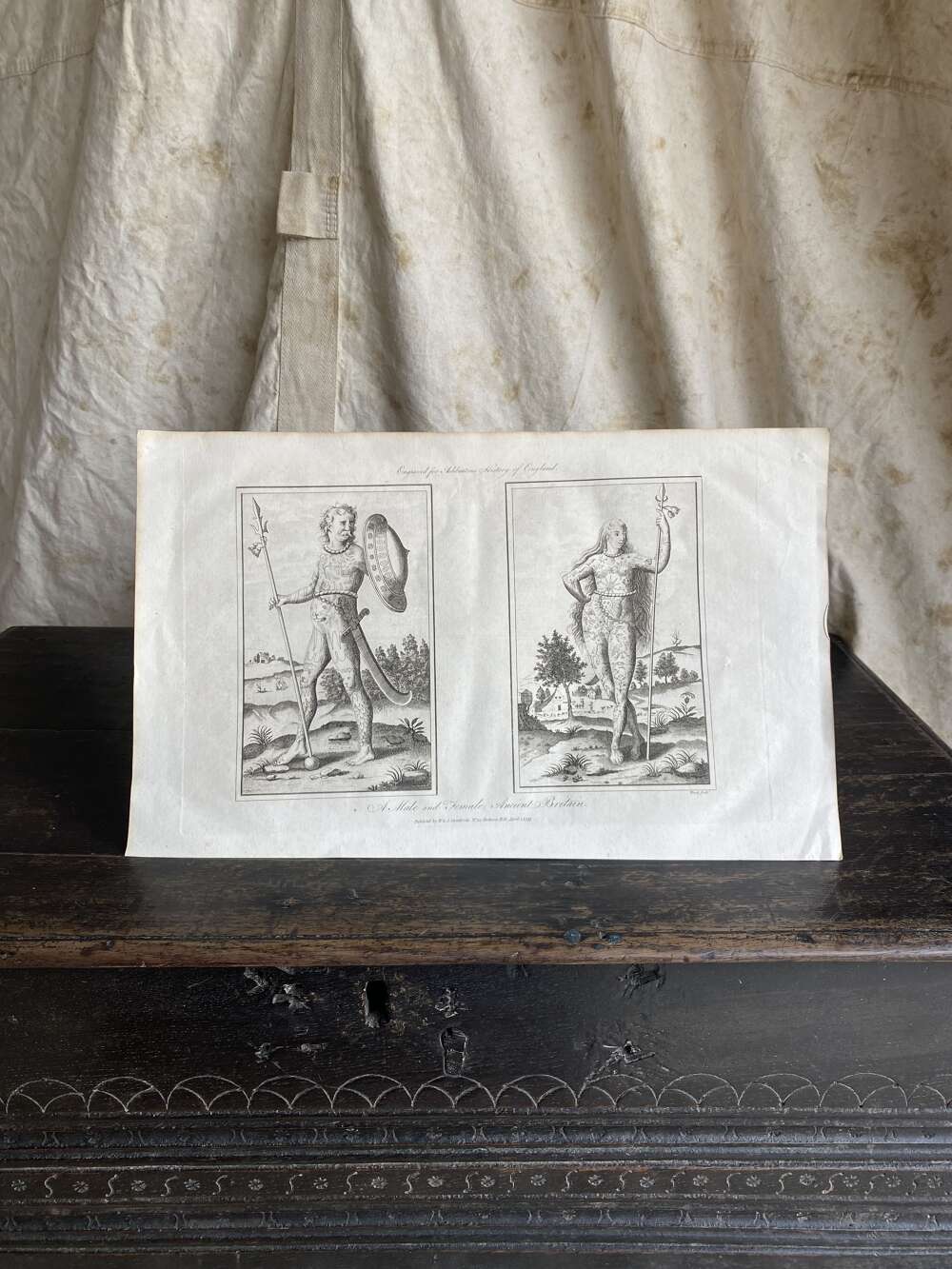 A very rare antique George III A Male and Female Ancient Briton tattoo engraving 1793