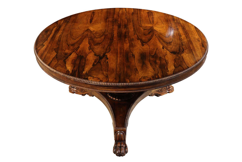 Superb William IV Rosewood Circular Breakfast Table with Lion Paw Feet, c.1830