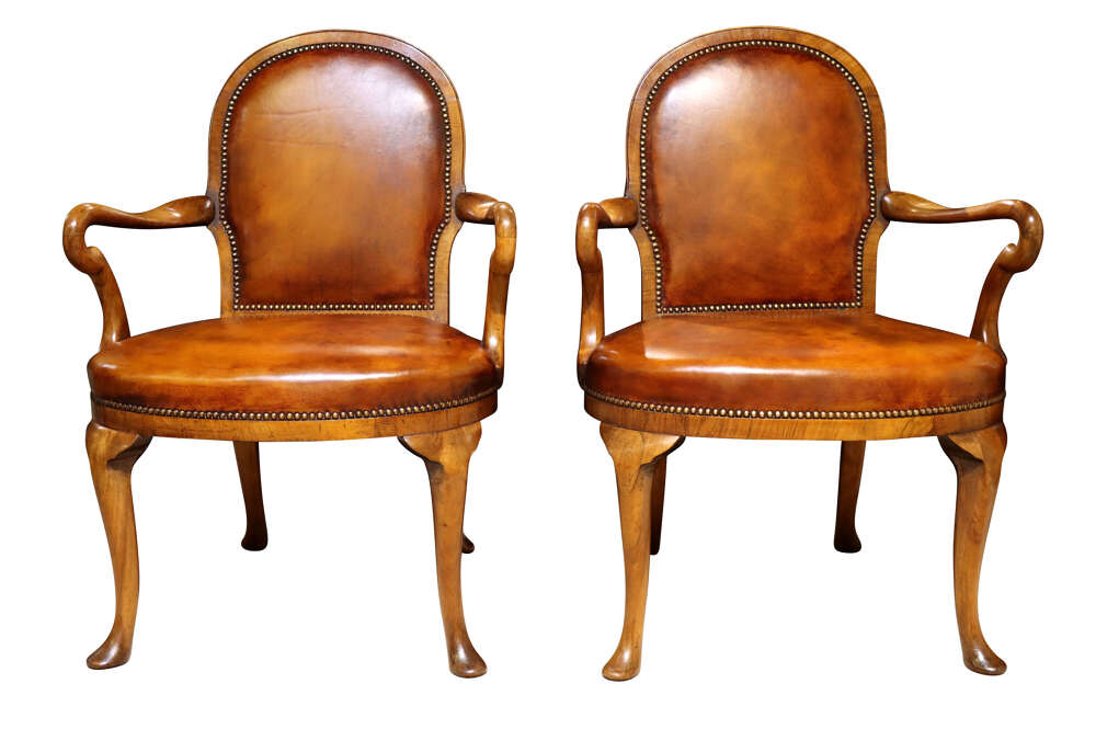 Pair of Walnut Framed Leather Upholstered Armchairs c.1900