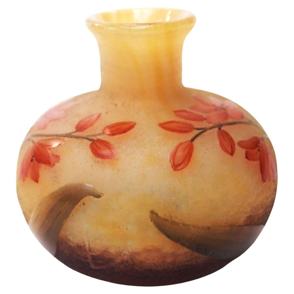 Daum Enamel And Cameo Glass Spring Botanical Vase -french C1900