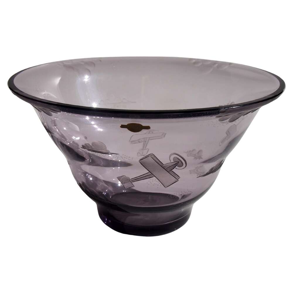 Czech Art Deco Zelezny Brod School Signed And Dated Biplane Glass Bowl