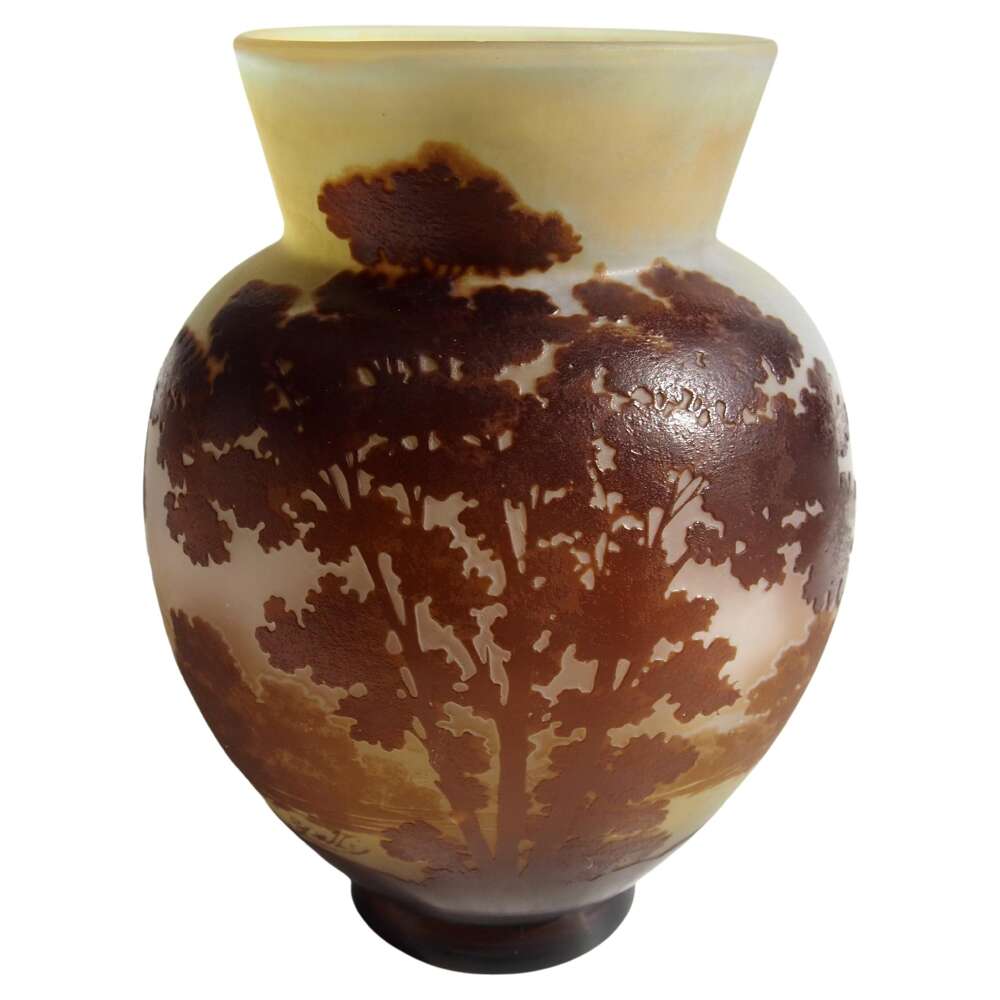French Emile Galle Art Nouveau Cameo Glass Landscape Vase, Circa 1910