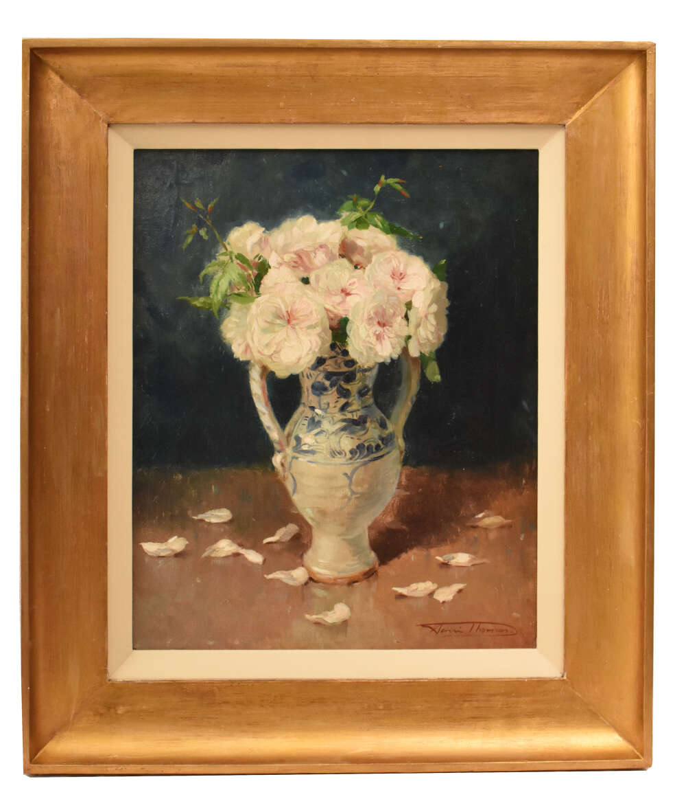  Antique Still Life Painting, Flowers Vase Painting, White Roses, Oil On Canvas, Xix.