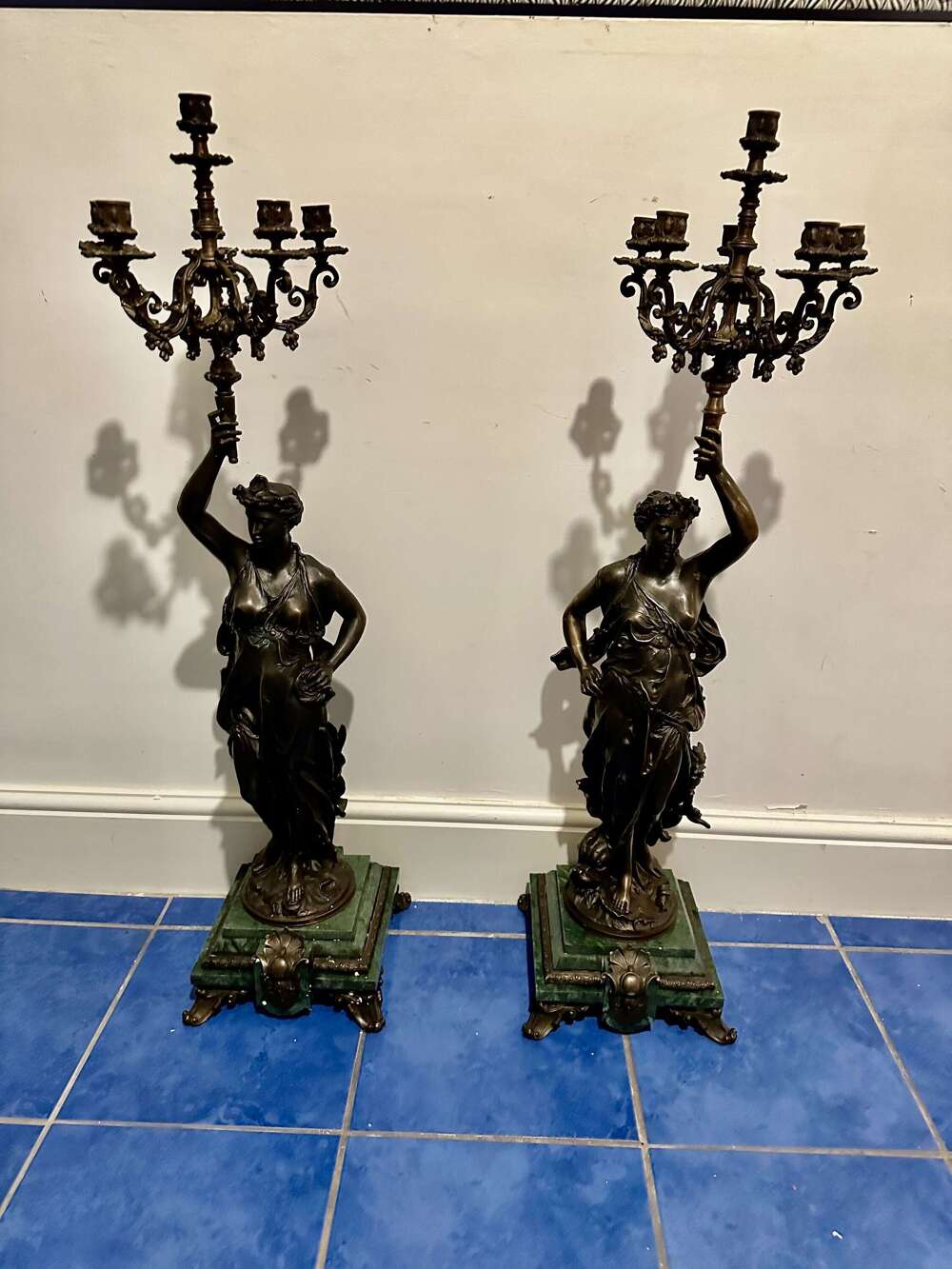 Large Pair Bronze 5 Branch Candelabras Signed Candlesticks Torcheres