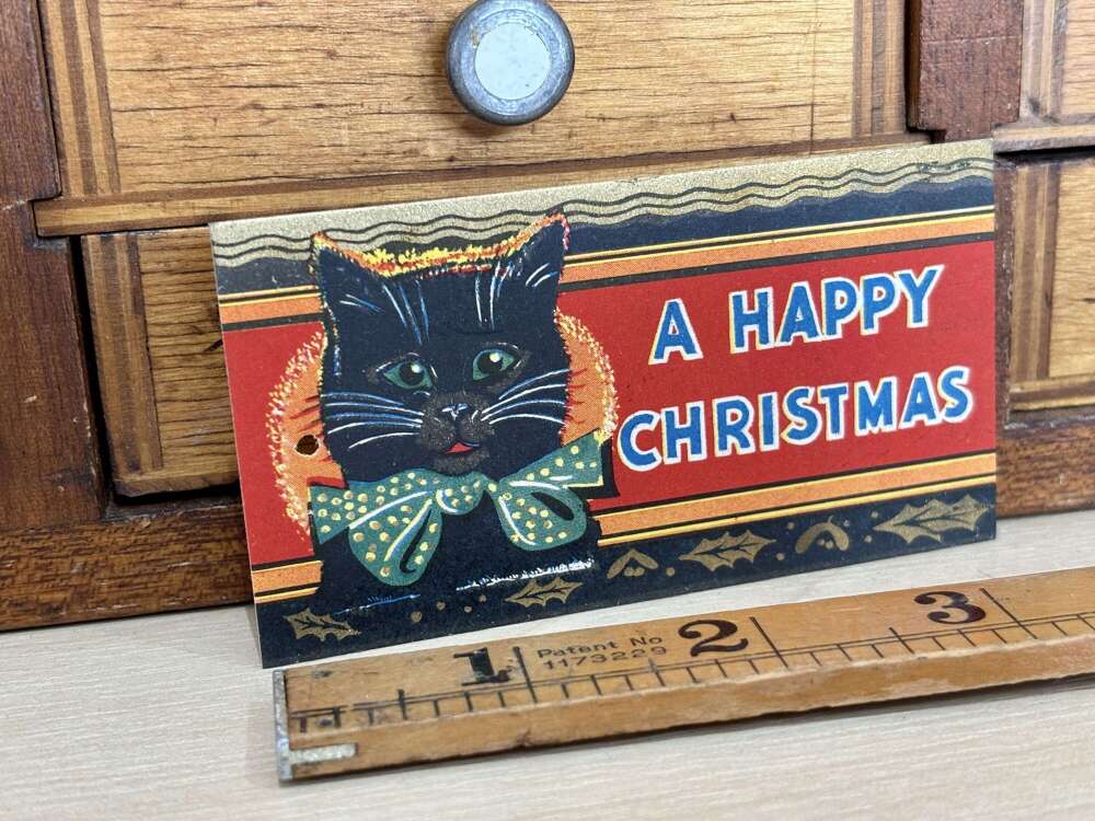 Christmas Black Cat Present Card Label Ephemera c1950s