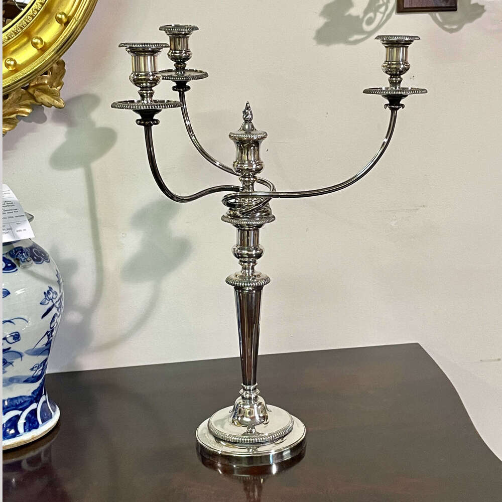Staple Inn Regency Sheffield plated three-light candelabrum