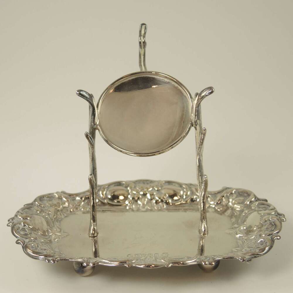 Electro plated nickel silver pocket watch stand with ring tree and tray c1890
